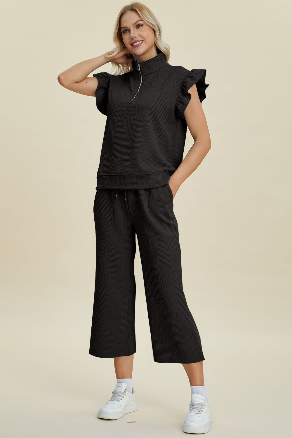 Double Take Full Size Texture Ruffle Short Sleeve Top and Wide Leg Pants Set Double Take Full Size Texture Ruffle Short Sleeve Top and Wide Leg Pants Set