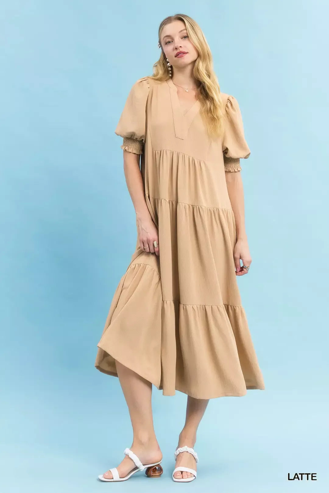 Umgee V-Neck Puff Sleeve Tiered Midi Dress 35896990-f928-4343-934c-1bc1aeb50a32-Max-Origin