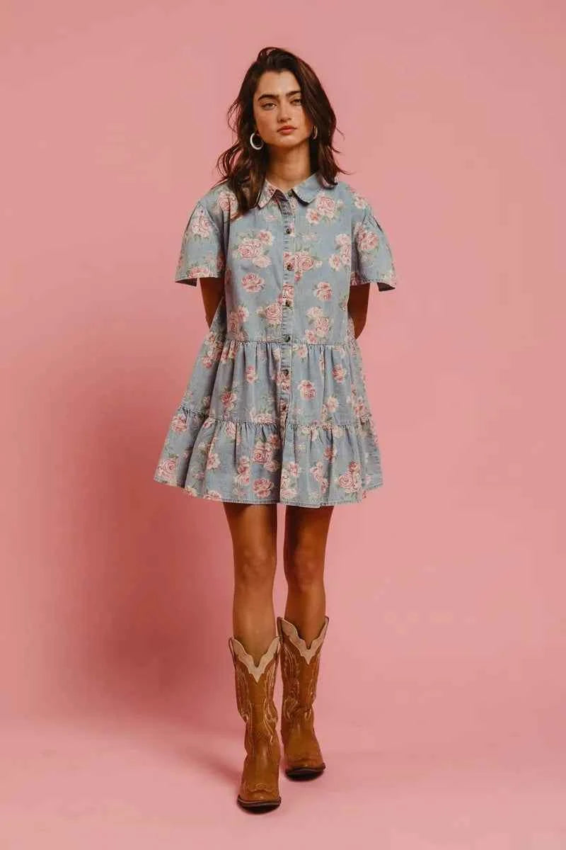 BiBi Floral Print Washed Lightweight Tiered Shirt Dress BiBi Floral Print Washed Lightweight Tiered Shirt Dress