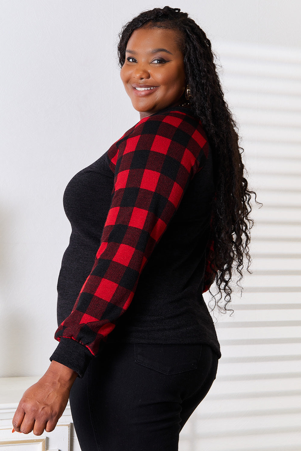 Heimish Full Size Sequin Reindeer Graphic Plaid Top Heimish Full Size Sequin Reindeer Graphic Plaid Top - TopFashionHQ