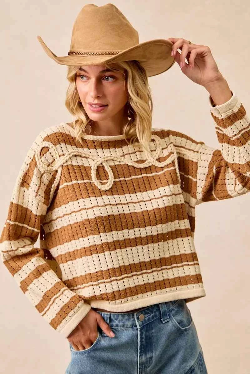BiBi Striped Open Knit Sweater Top with Front Braided Detail BiBi Striped Open Knit Sweater Top with Front Braided Detail