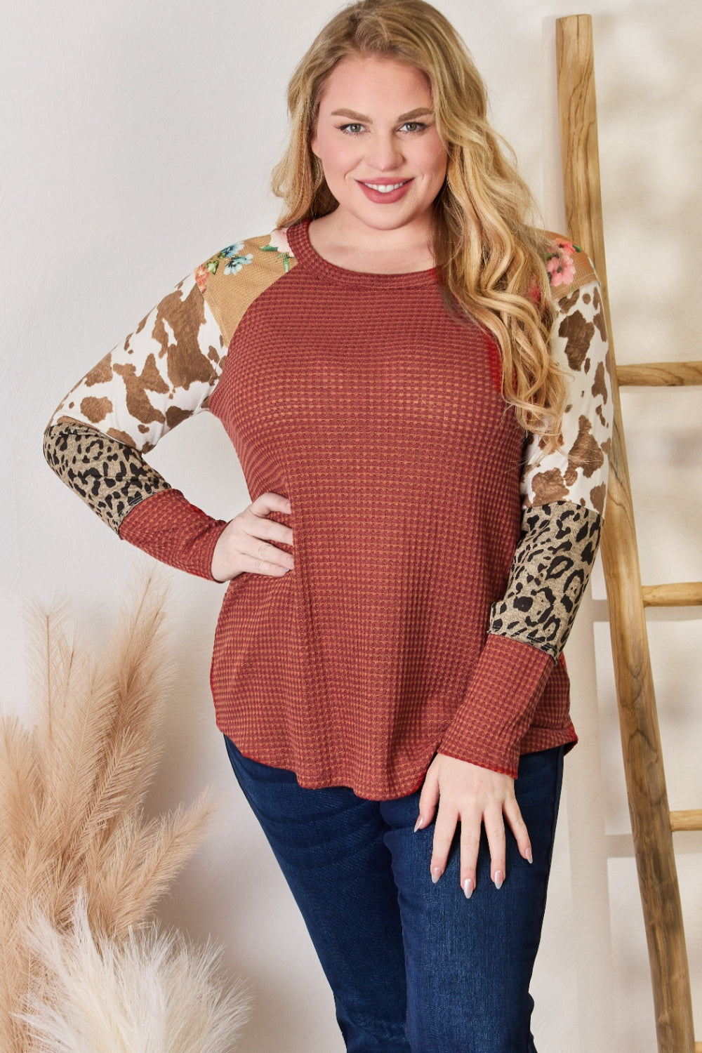 Hailey & Co Full Size Leopard Waffle-Knit Blouse Hailey & Co Full Size Leopard Waffle-Knit Blouse - TopFashionHQ