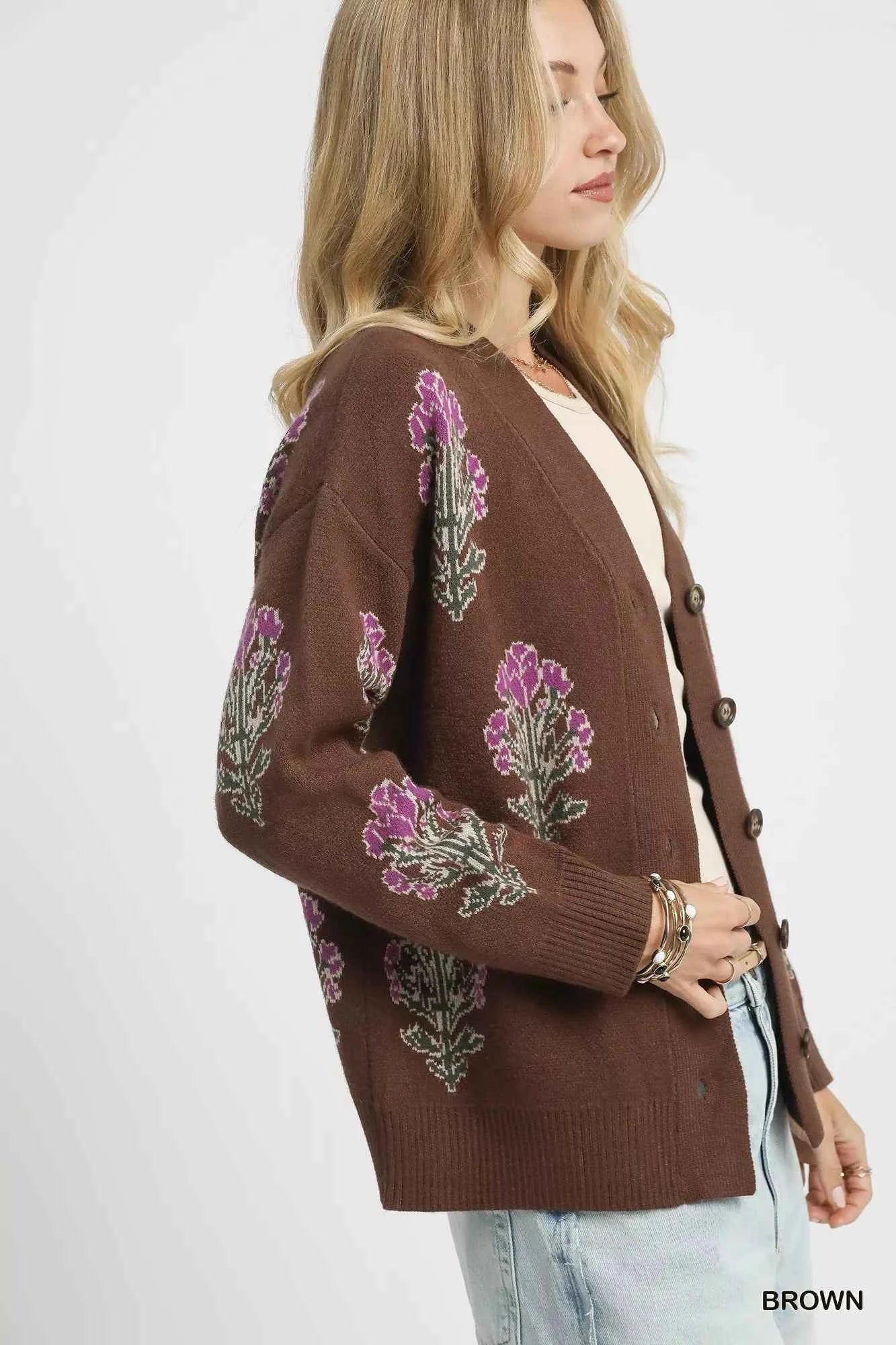 Umgee Single Flower Stem Jacquard Cardigan Sweater Umgee Single Flower Stem Jacquard Cardigan Sweater