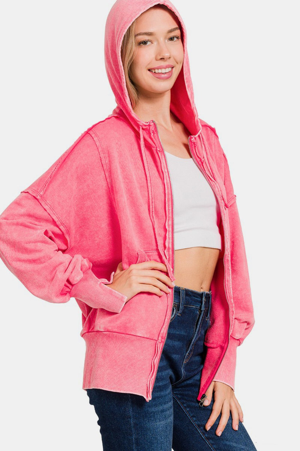 Zenana Acid Washed French Terry Zip-Up Hoodie with Pockets Zenana Acid Washed French Terry Zip-Up Hoodie with Pockets