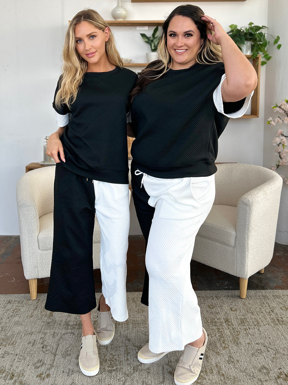 Double Take Full Size Texture Contrast T-Shirt and Wide Leg Pants Set Double Take Full Size Texture Contrast T-Shirt and Wide Leg Pants Set
