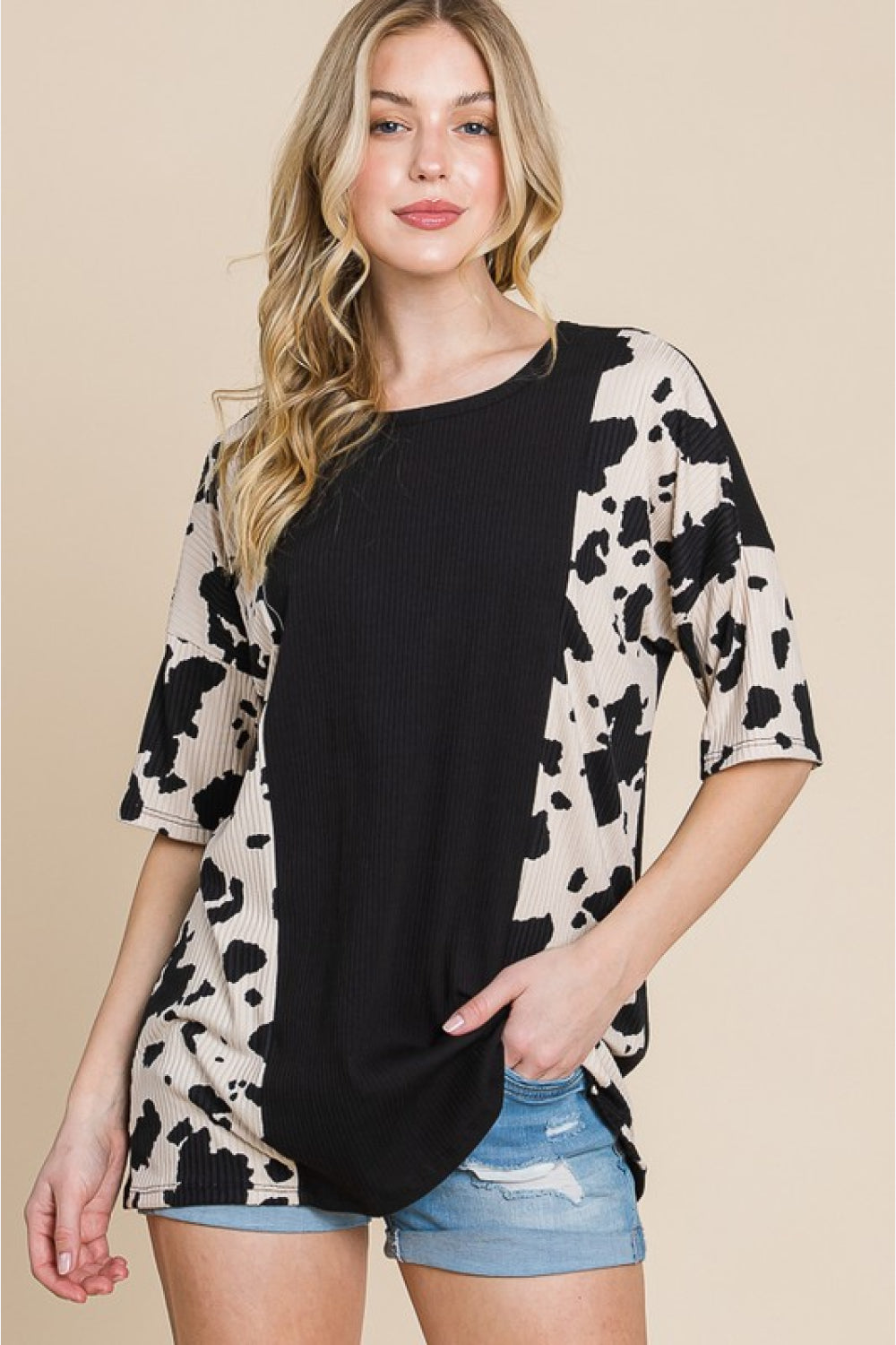 BOMBOM Rodeo Love Ribbed Animal Contrast Tee BOMBOM Rodeo Love Ribbed Animal Contrast Tee - TopFashionHQ