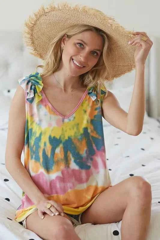 BiBi Circular Tie Dye Knit V Neck Top With Ruffle BiBi Circular Tie Dye Knit V Neck Top With Ruffle