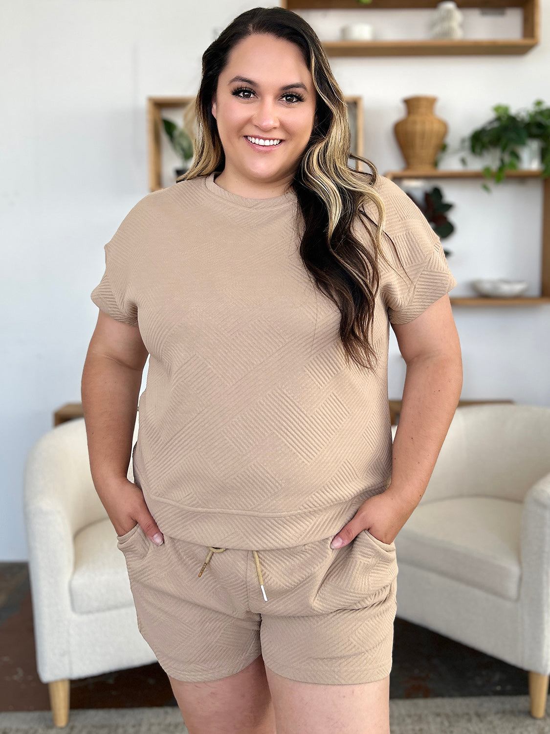 Double Take Full Size Texture Short Sleeve T-Shirt and Drawstring Shorts Set Double Take Full Size Texture Short Sleeve T-Shirt and Drawstring Shorts Set