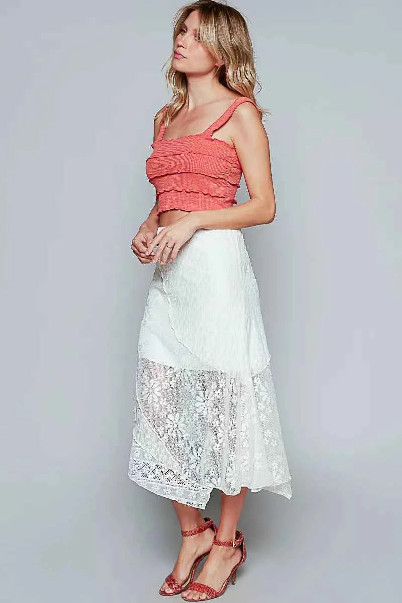 POL Ruffled Floral Lace Skirt with Unbalanced Hem POL Ruffled Floral Lace Skirt with Unbalanced Hem