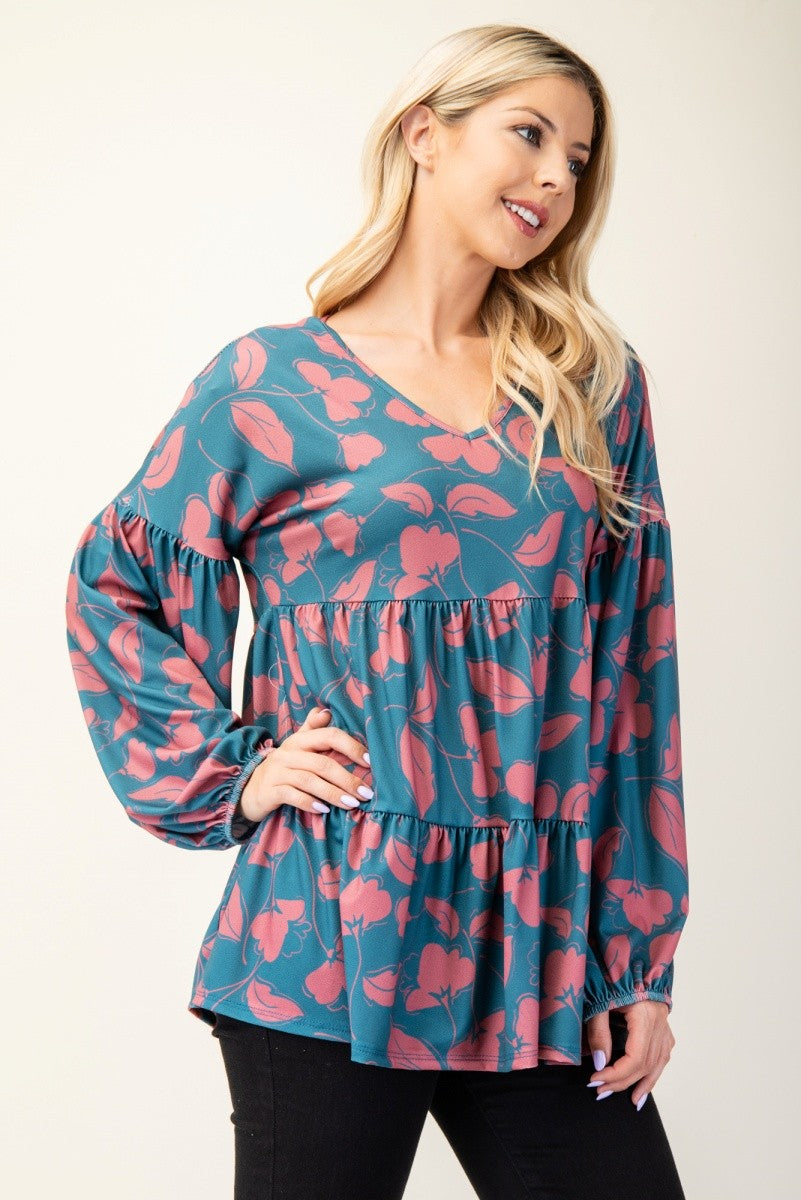 Celeste Full Size Tiered Floral V-Neck Long Sleeve Blouse Celeste Full Size Tiered Floral V-Neck Long Sleeve Blouse