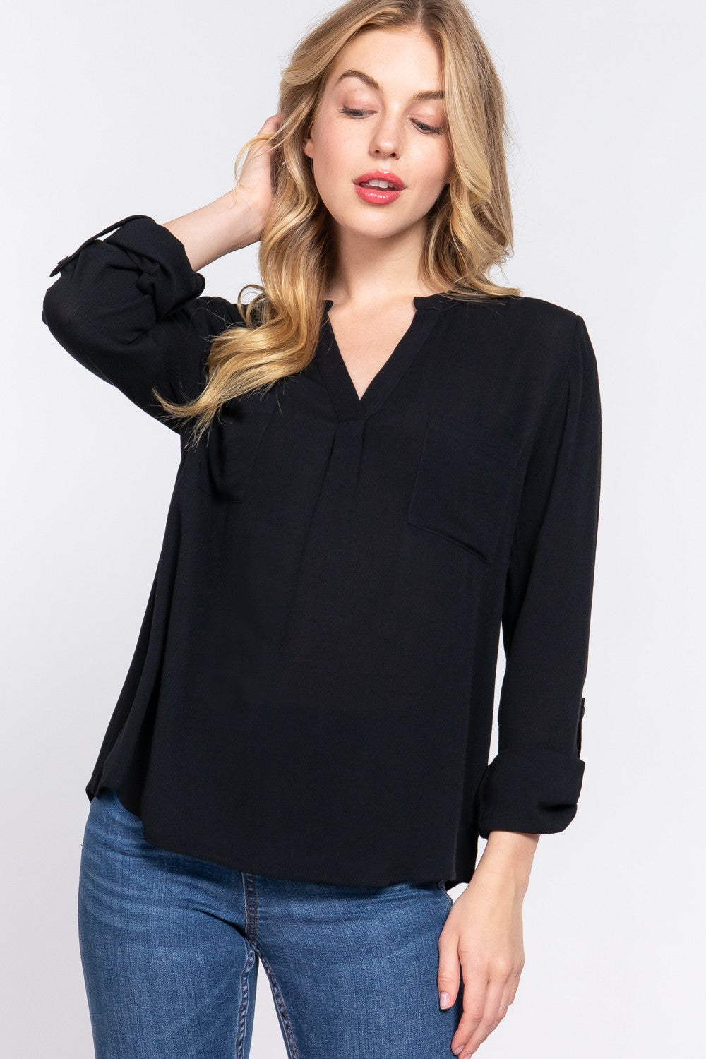 ACTIVE BASIC Full Size Notched Long Sleeve Woven Top ACTIVE BASIC Full Size Notched Long Sleeve Woven Top - TopFashionHQ