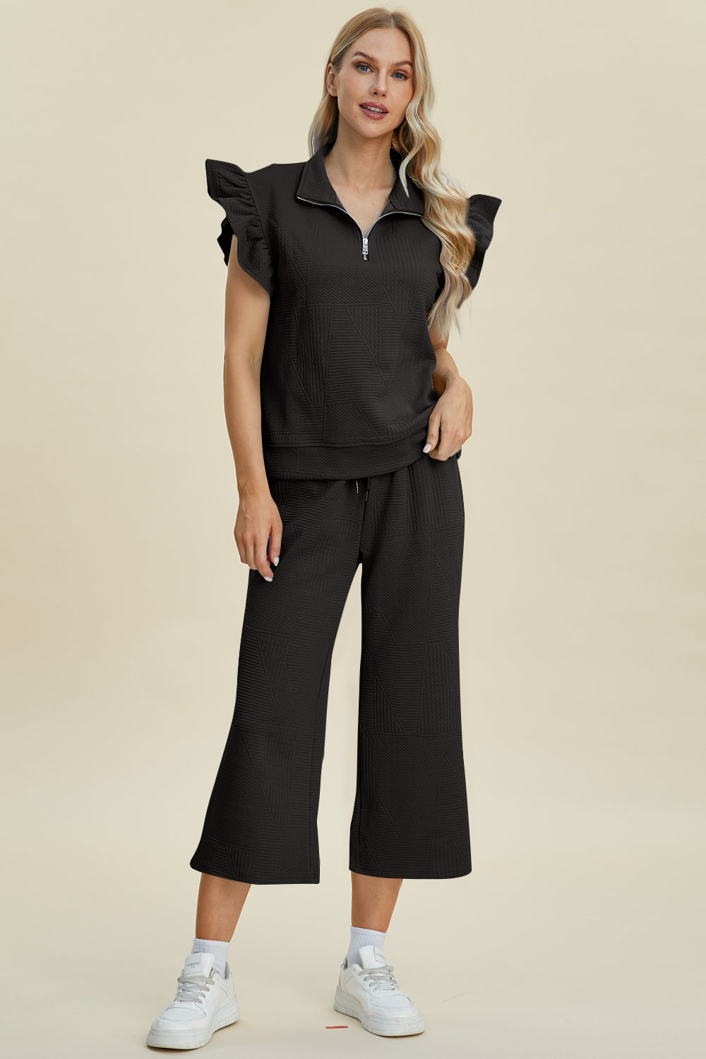 Double Take Full Size Texture Ruffle Short Sleeve Top and Wide Leg Pants Set Double Take Full Size Texture Ruffle Short Sleeve Top and Wide Leg Pants Set