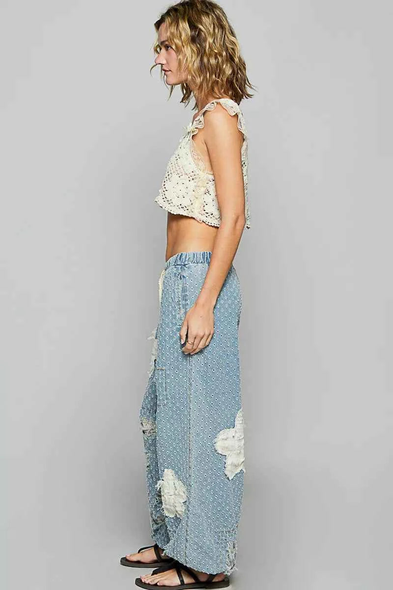 POL Floral Patch Washed Textured Twill Pants with Crochet See Thru Patch POL Floral Patch Washed Textured Twill Pants with Crochet See Thru Patch