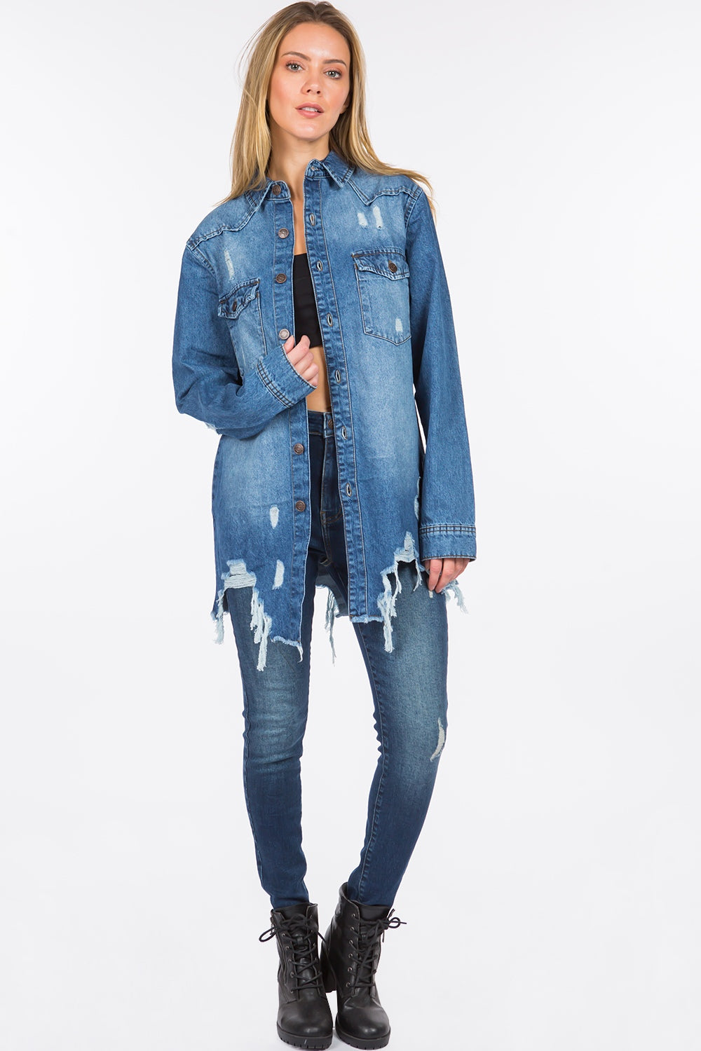 American Bazi Distressed Frayed Hem Denim Jacket American Bazi Distressed Frayed Hem Denim Jacket - TopFashionHQ