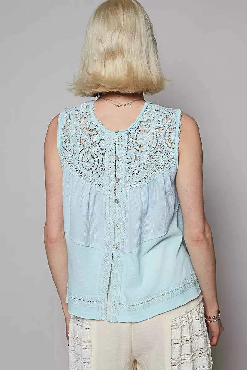 POL Round Neck Sleeveless Top with Crochet Contrast POL Round Neck Sleeveless Top with Crochet Contrast