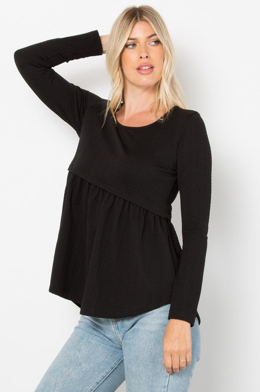 Be Stage Full Size Texture Babydoll Round Neck Long Sleeve Knit Top Be Stage Full Size Texture Babydoll Round Neck Long Sleeve Knit Top - TopFashionHQ