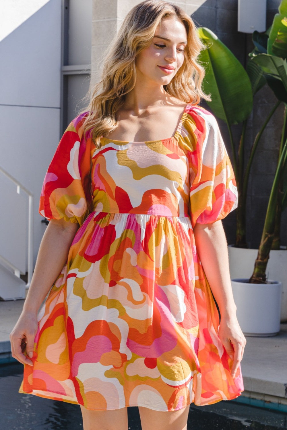 ODDI Full Size Printed Tied Back Short Sleeve Mini Dress ODDI Full Size Printed Tied Back Short Sleeve Mini Dress - TopFashionHQ