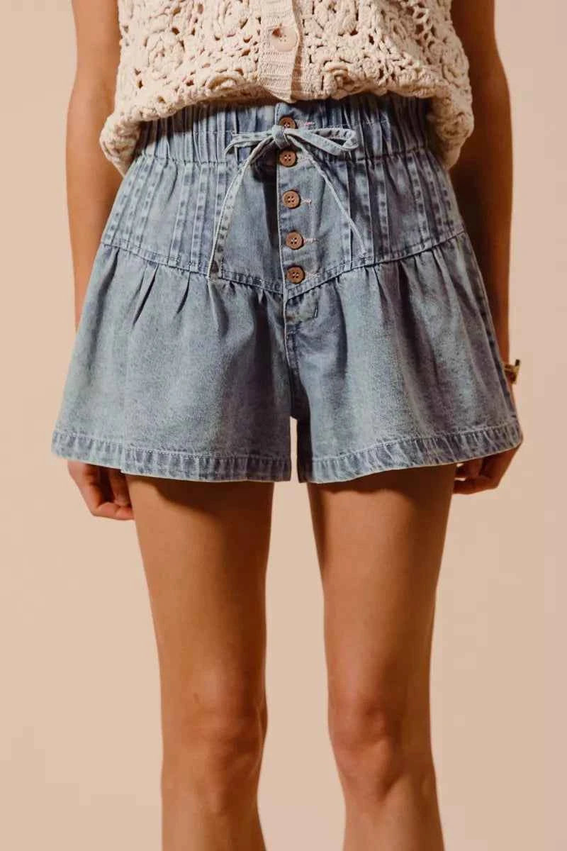 SO ME Flared Denim Shorts with Elasticized Waist SO ME Flared Denim Shorts with Elasticized Waist