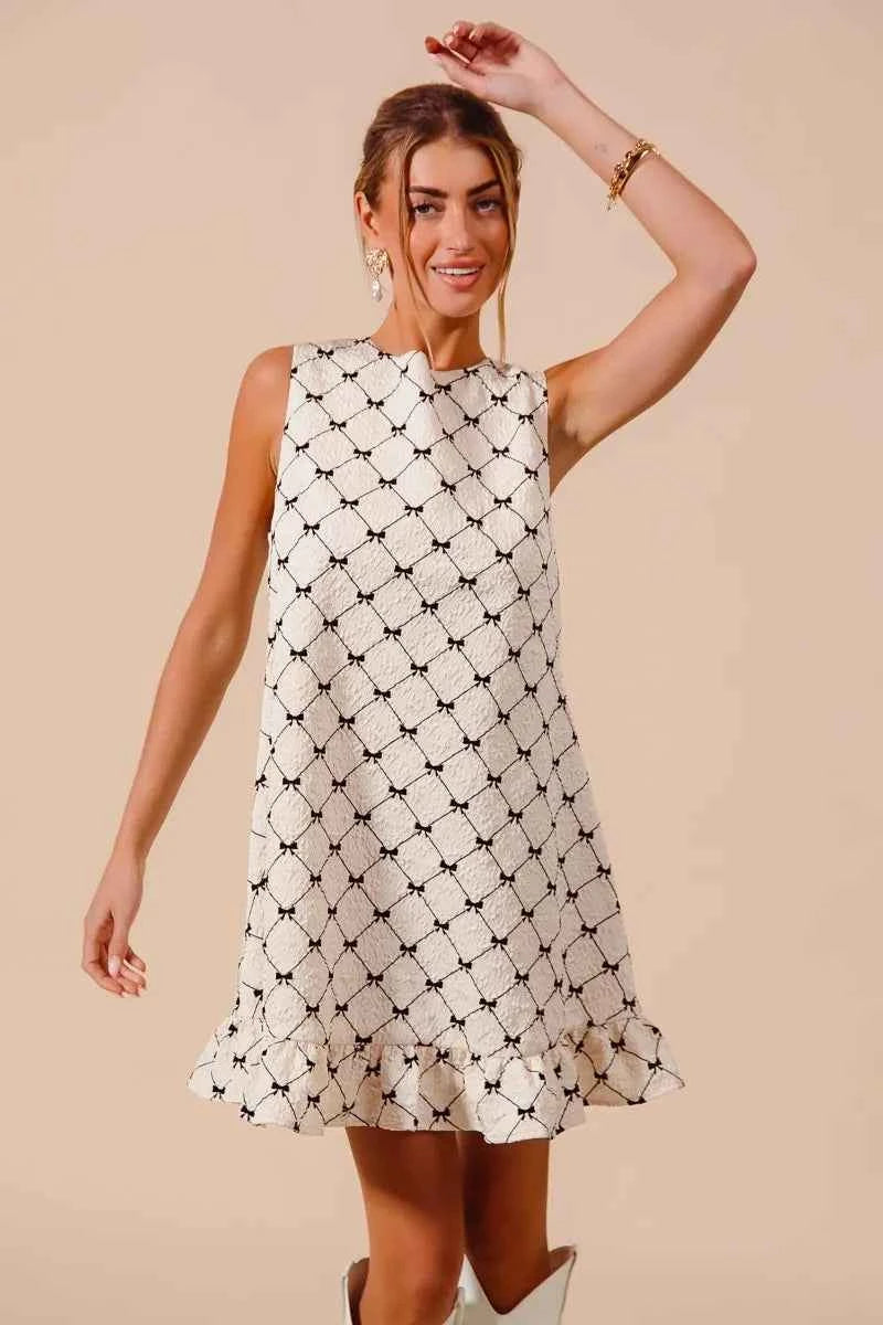 SO ME Texture Bow Printed Mini Ruffle Dress SO ME Texture Bow Printed Mini Ruffle Dress