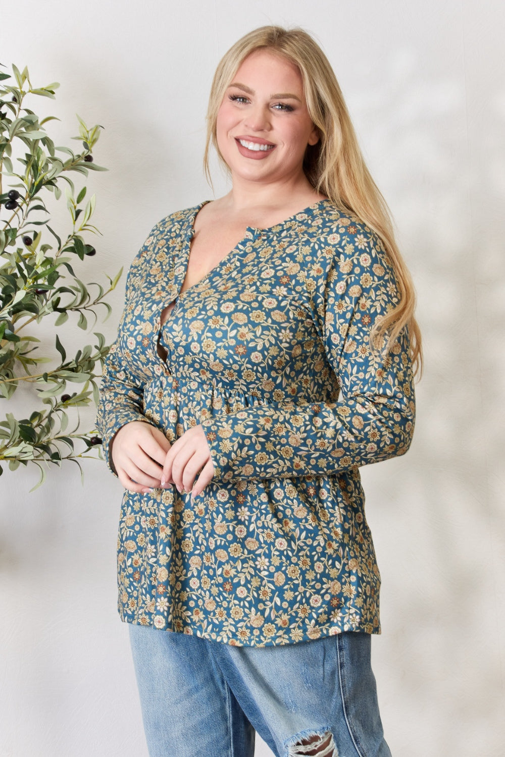 Heimish Full Size Floral Half Button Long Sleeve Blouse Heimish Full Size Floral Half Button Long Sleeve Blouse - TopFashionHQ