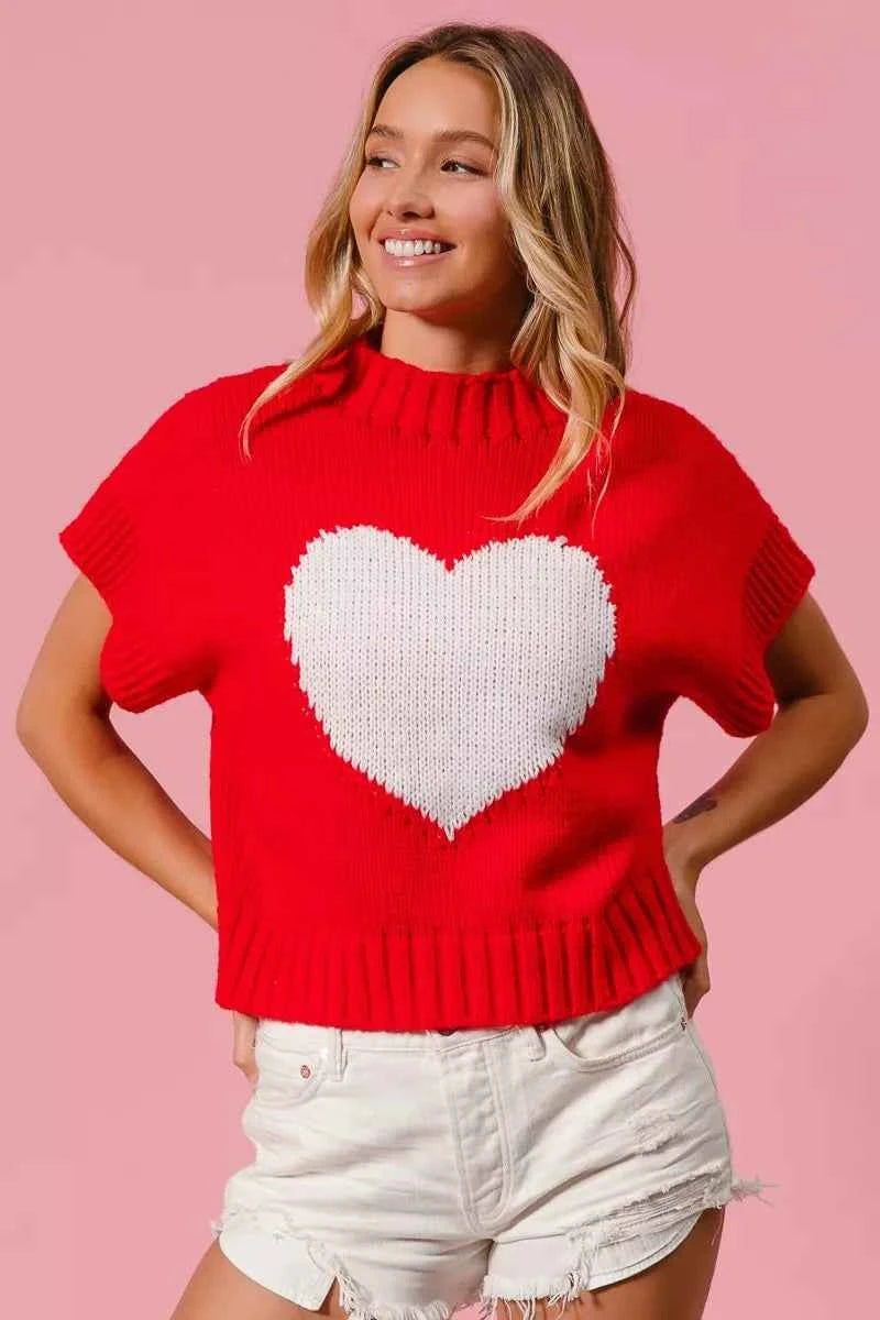 BiBi Rib Banded Heart Pattern Valentines Sweater BiBi Rib Banded Heart Pattern Valentines Sweater