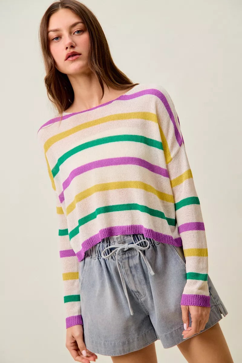 SO ME Mardi Gras Color Stripe Lightweight Sweater Top 36e3d9c9f6d444068e2dab52e62abe88-Max-Origin
