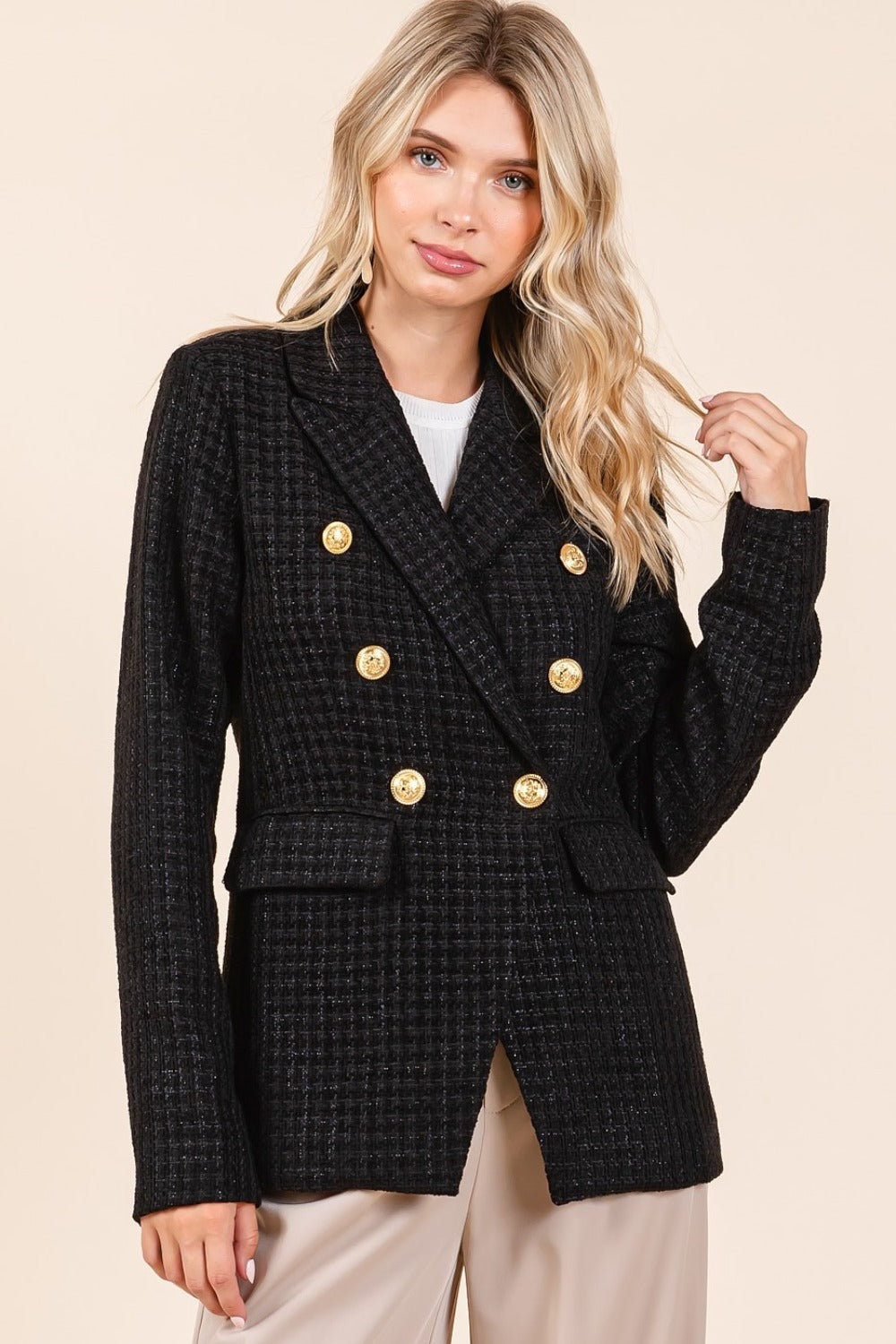 Mittoshop Plaid Texture Double-Breasted Long Sleeve Blazer Mittoshop Plaid Texture Double-Breasted Long Sleeve Blazer