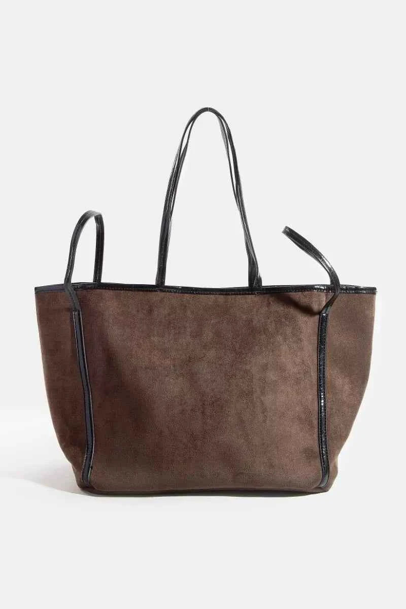 Fame Suede Tote Faux Leather Trim Shoulder Strap Fame Suede Tote Faux Leather Trim Shoulder Strap