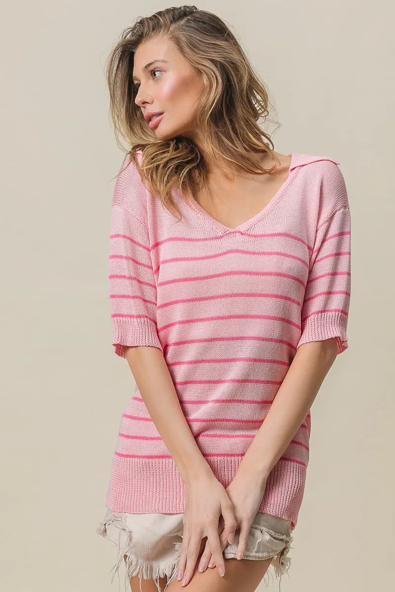 BiBi Stripe Short Sleeves Collared V Neck Top 3722b34fe37b4969ae158a572d17645b-Max-Origin