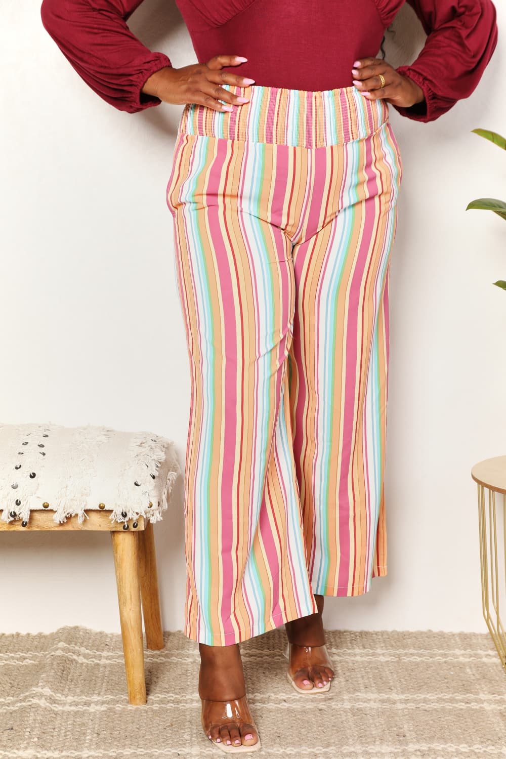 Double Take Striped Smocked Waist Pants with Pockets Double Take Striped Smocked Waist Pants with Pockets - TopFashionHQ