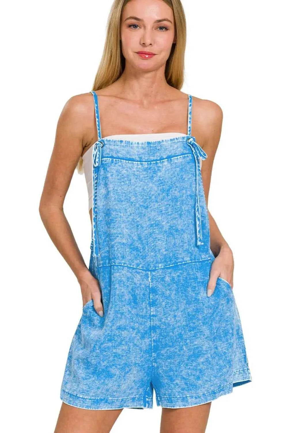 Zenana Washed Linen Knot Strap Rompers Zenana Washed Linen Knot Strap Rompers