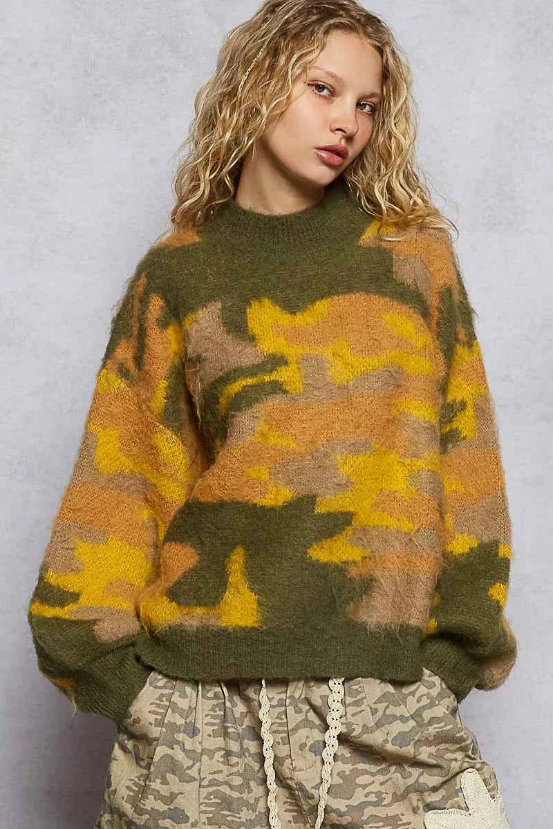 POL Mock Neck Abstract Colorblock Pattern Sweater POL Mock Neck Abstract Colorblock Pattern Sweater
