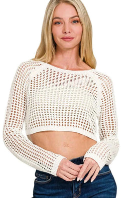 Zenana Hollow Knitted Cropped Round Neck Sweater