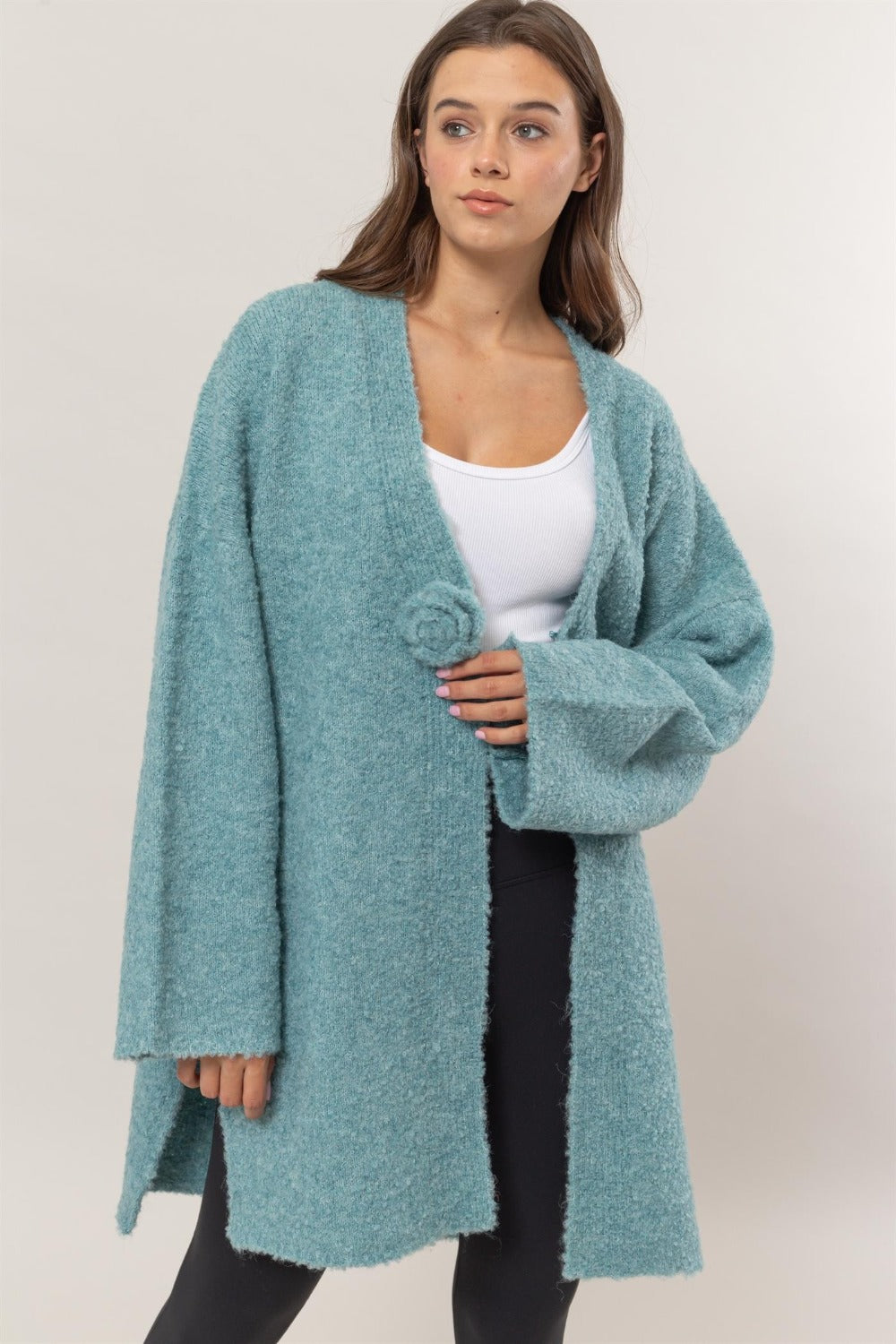 HYFVE Front Rosette Longline Slit Sweater Cardigan HYFVE Front Rosette Longline Slit Sweater Cardigan
