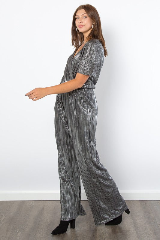 Be Stage Surplice Short Sleeve Pleated Foil Jumpsuit Be Stage Surplice Short Sleeve Pleated Foil Jumpsuit - TopFashionHQ