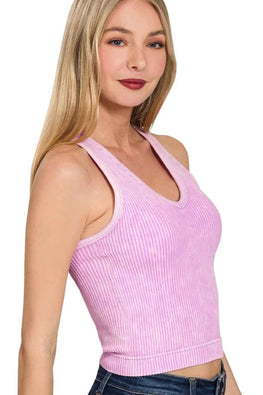 Zenana Washed Ribbed Seamless Bra Padded V-neck Tank Top