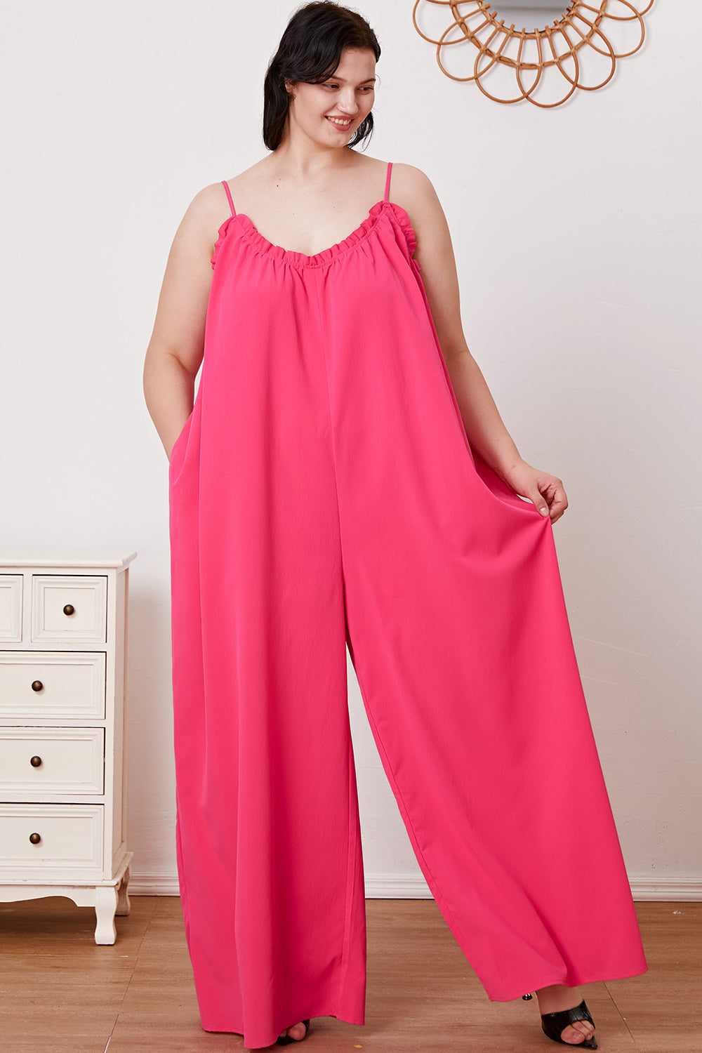 Double Take Full Size Ruffle Trim Tie Back Cami Jumpsuit with Pockets Double Take Full Size Ruffle Trim Tie Back Cami Jumpsuit with Pockets - TopFashionHQ