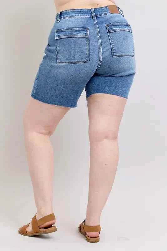 Judy Blue Full Size Mid Rise Bermudas Denim Shorts W/ Back Flap Pockets Plus Size Judy Blue Full Size Mid Rise Bermudas Denim Shorts W/ Back Flap Pockets Plus Size