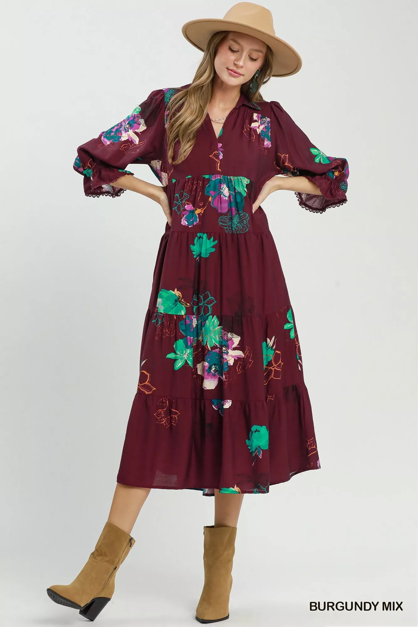 Umgee Floral Print Tiered Midi Dress with Puff Sleeves 37f9e400-c3f4-4930-b0fb-68affc98a280-Max-Origin