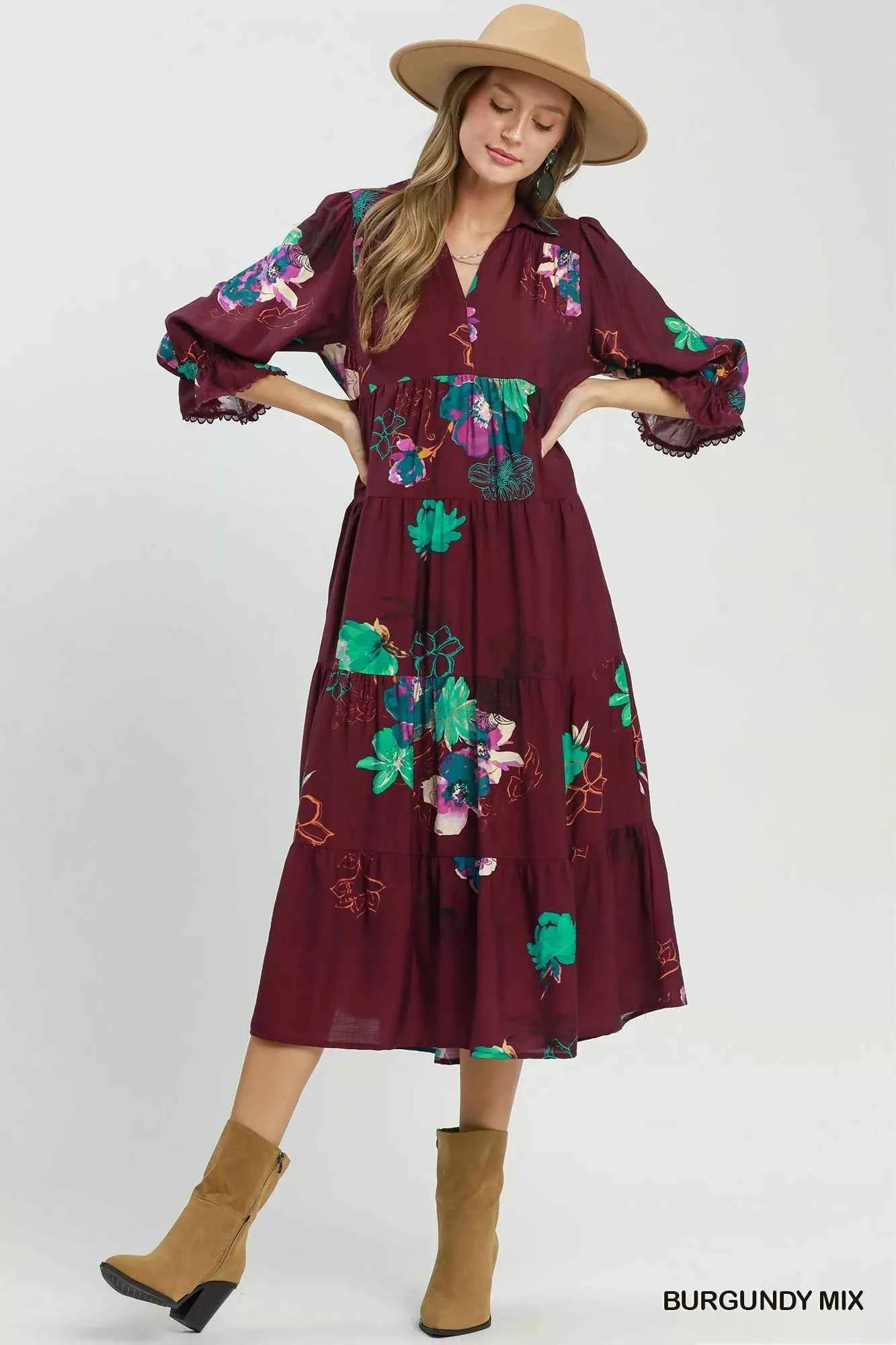 Umgee Floral Print Tiered Midi Dress with Puff Sleeves Umgee Floral Print Tiered Midi Dress with Puff Sleeves