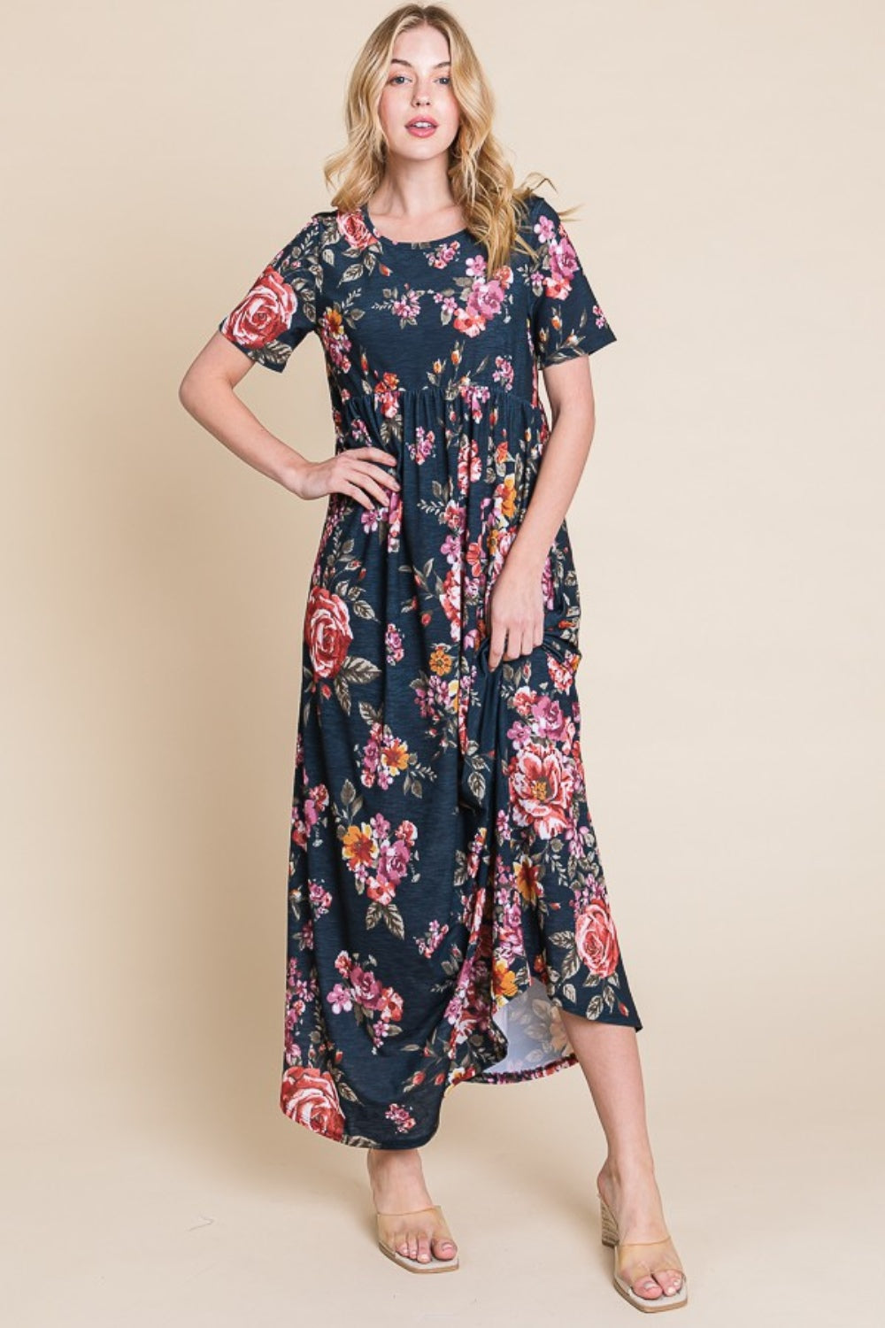 BOMBOM Floral Short Sleeve Maxi Dress BOMBOM Floral Short Sleeve Maxi Dress - TopFashionHQ