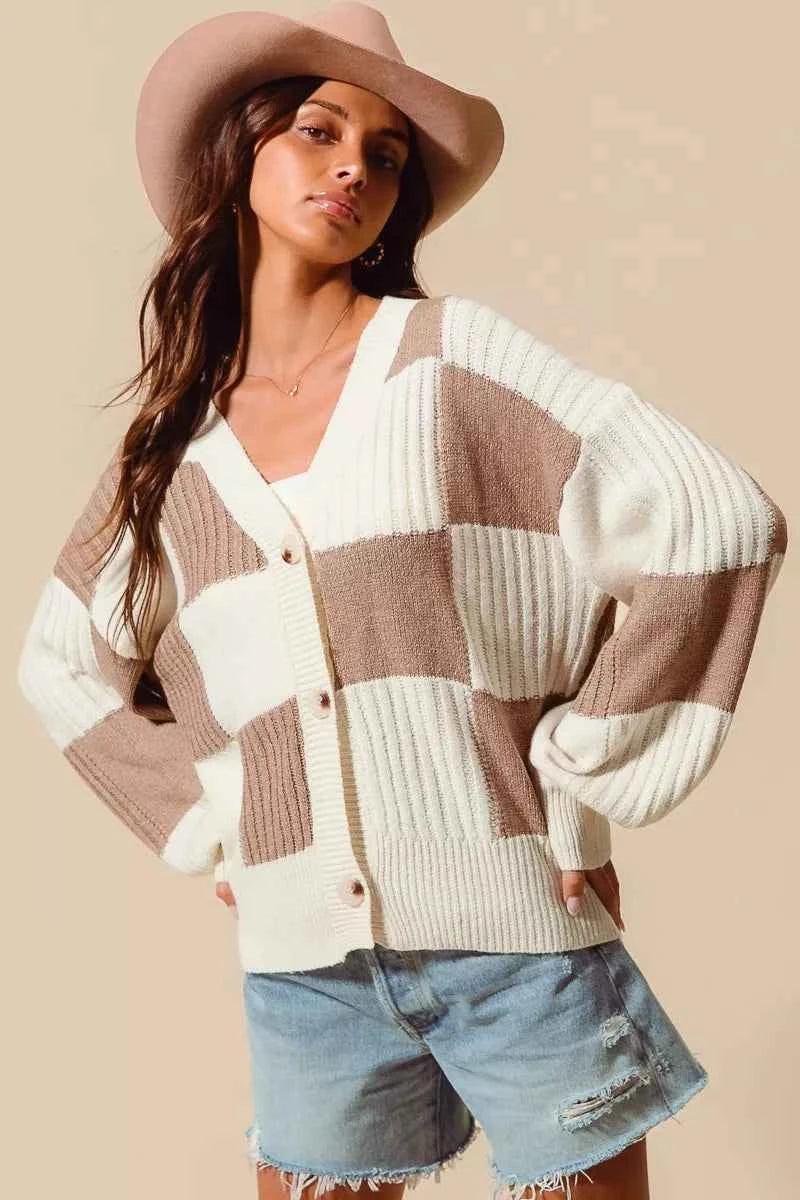 SO ME Checkered Button Front Ribbed Sweater Cardigan SO ME Checkered Button Front Ribbed Sweater Cardigan