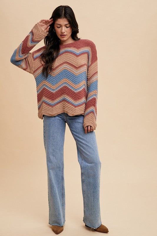 Annie Wear Multi Color Zig-Zag Round Neck Sweater Annie Wear Multi Color Zig-Zag Round Neck Sweater