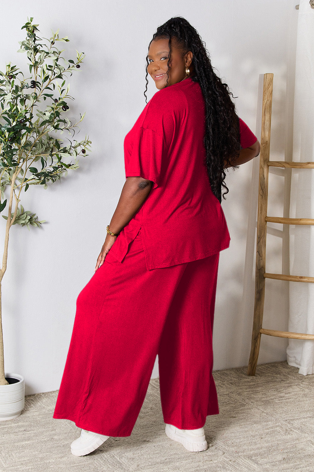 Double Take Full Size Round Neck Slit Top and Pants Set Double Take Full Size Round Neck Slit Top and Pants Set - TopFashionHQ