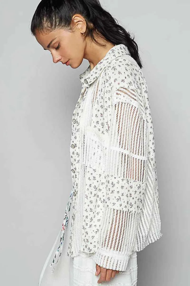 POL Floral Crochet Patchwork Long Sleeve Shirt POL Floral Crochet Patchwork Long Sleeve Shirt