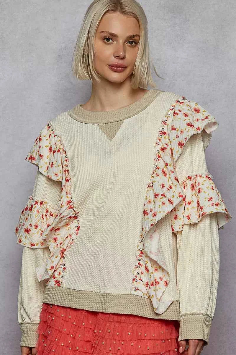 POL Round Neck Sweater with Floral Ruffle Detail POL Round Neck Sweater with Floral Ruffle Detail