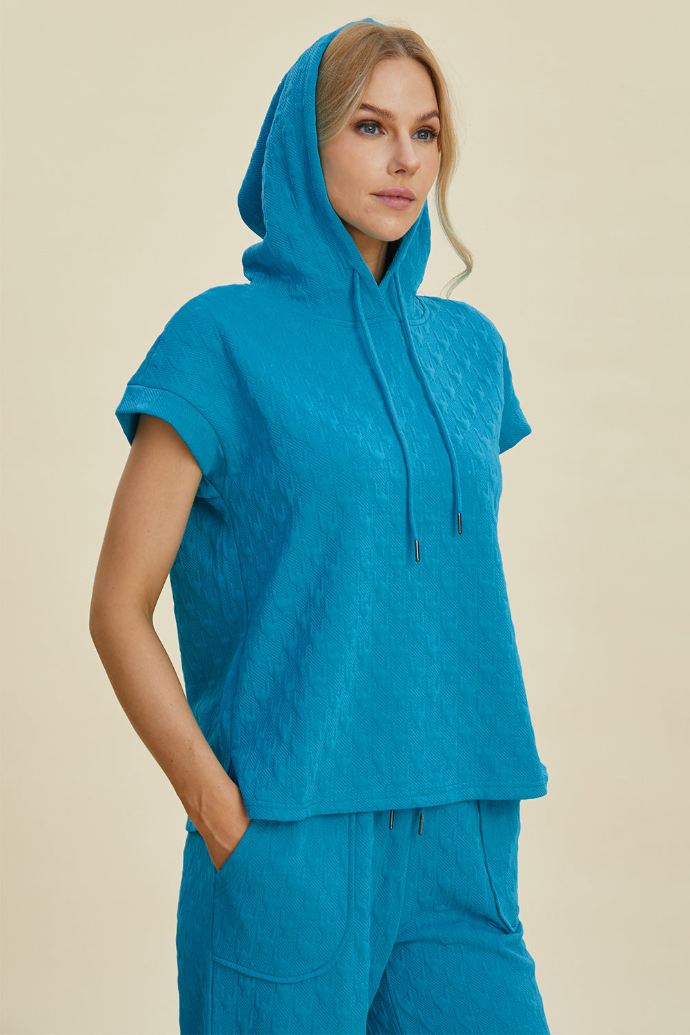 Double Take Full Size Texture Drawstring Short Sleeve Hoodie and Pocketed Pants Set Double Take Full Size Texture Drawstring Short Sleeve Hoodie and Pocketed Pants Set