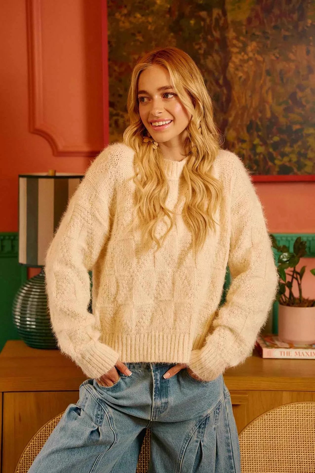 BiBi Checker Board Drop Shoulder Sweater BiBi Checker Board Drop Shoulder Sweater