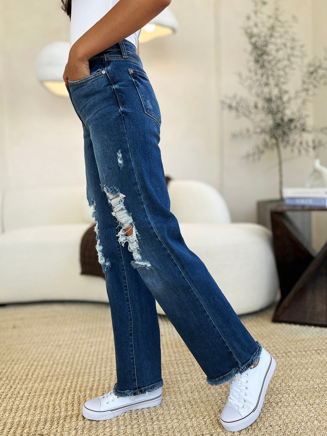 Judy Blue Full Size Mid Rise Distressed Raw Hem Jeans Judy Blue Full Size Mid Rise Distressed Raw Hem Jeans - TopFashionHQ