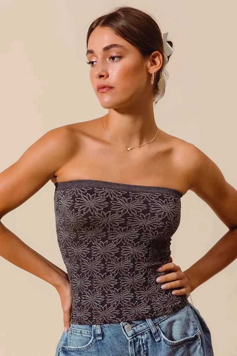 SO ME Jacquard Floral Two Tone Seamless Tube Top SO ME Jacquard Floral Two Tone Seamless Tube Top